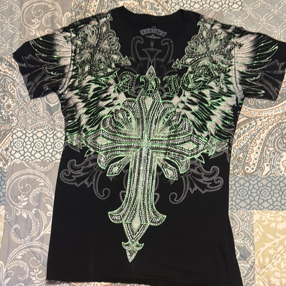 Affliction Black Tee with Green Cross Design